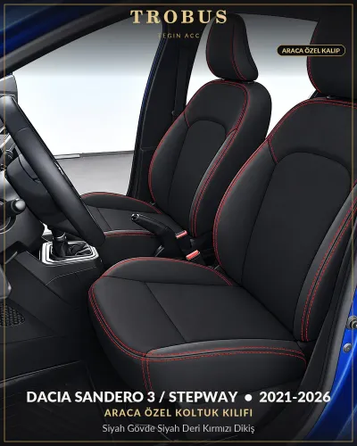 Dacia Sandero 3 / Stepway 2021-2026 Araca Özel Koltuk Kılıfı Siyah Gövde Siyah Deri Kırmızı Dikiş