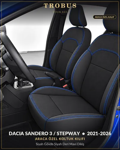 Dacia Sandero 3 / Stepway 2021-2026 Araca Özel Koltuk Kılıfı Siyah Gövde Siyah Deri Mavi Dikiş