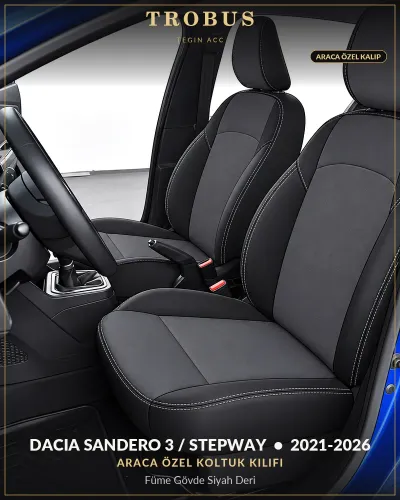 Dacia Sandero 3 / Stepway 2021-2026 Araca Özel Koltuk Kılıfı Füme Gövde Siyah Deri