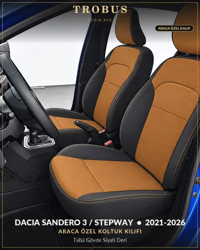 Dacia Sandero 3 / Stepway 2021-2026 Araca Özel Koltuk Kılıfı Taba Gövde Siyah Deri