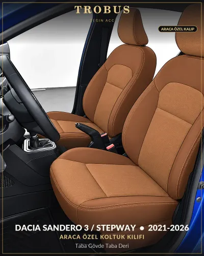 Dacia Sandero 3 / Stepway 2021-2026 Araca Özel Koltuk Kılıfı Taba Gövde Taba Deri