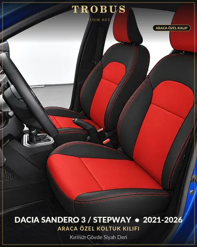 Dacia Sandero 3 / Stepway 2021-2026 Araca Özel Koltuk Kılıfı Kırmızı Gövde Siyah Deri