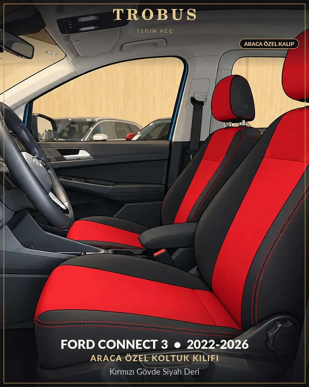 Ford Connect 3 2022-2026 Araca Özel Koltuk Kılıfı Kırmızı Gövde Siyah Deri (1)