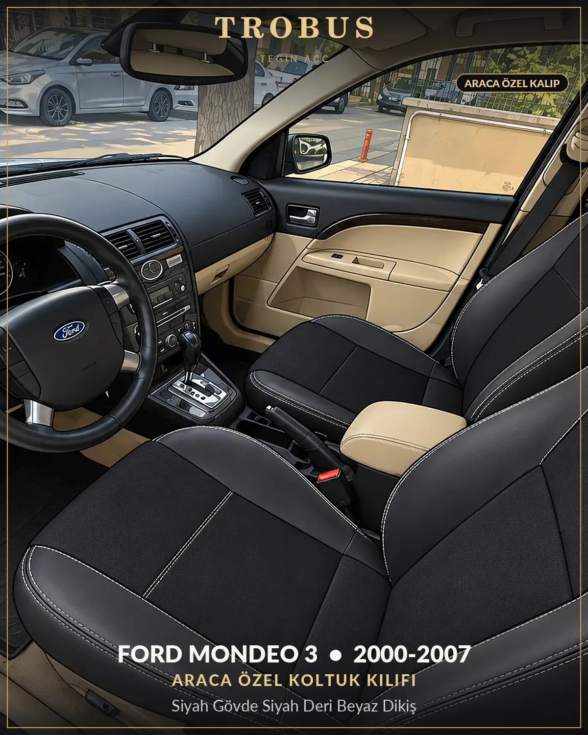 Ford Mondeo 3 2000-2007 Araca Özel Koltuk Kılıfı Siyah Gövde Siyah Deri Beyaz Dikiş (1)