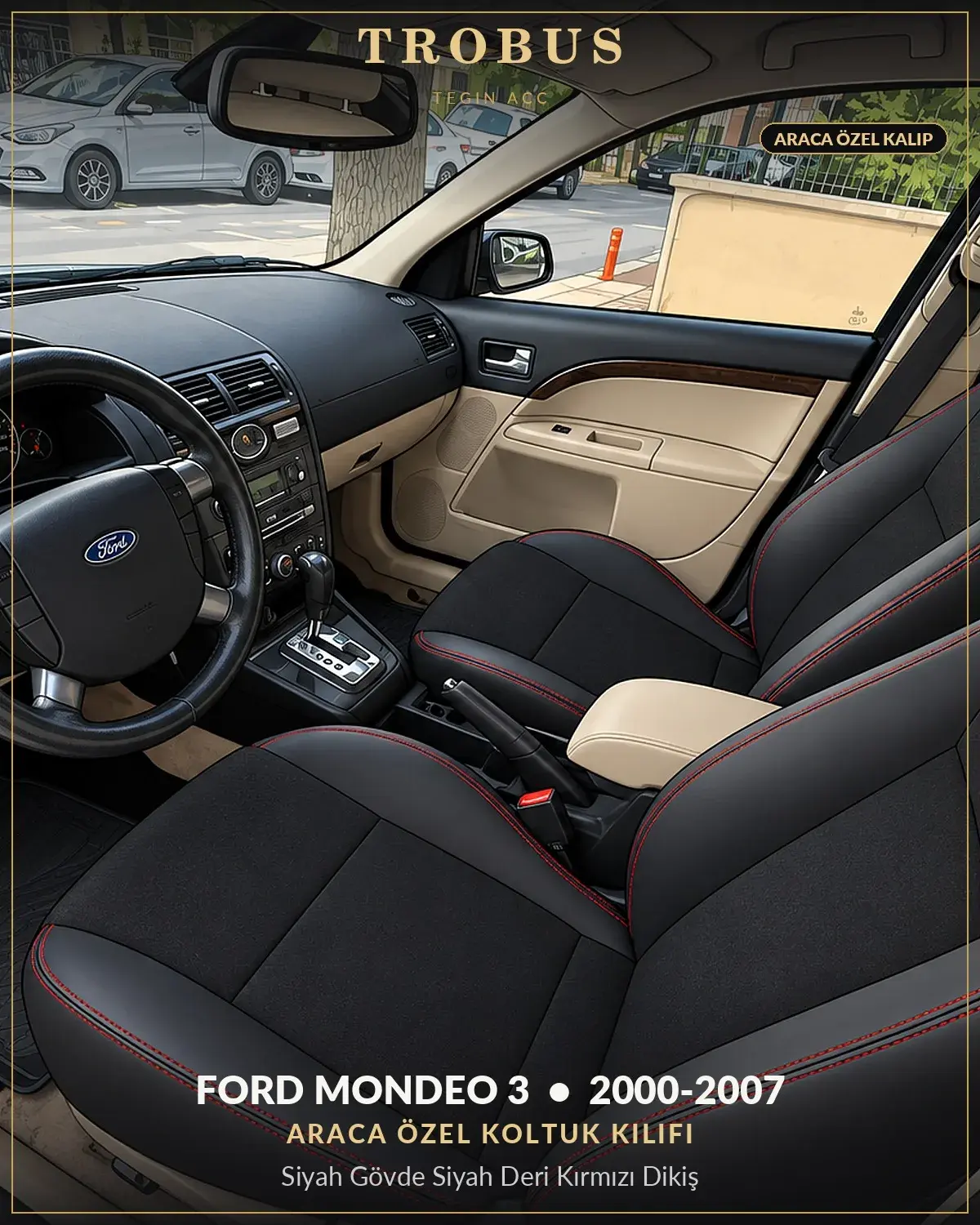 Ford Mondeo 3 2000-2007 Araca Özel Koltuk Kılıfı Siyah Gövde Siyah Deri Kırmızı Dikiş (1)
