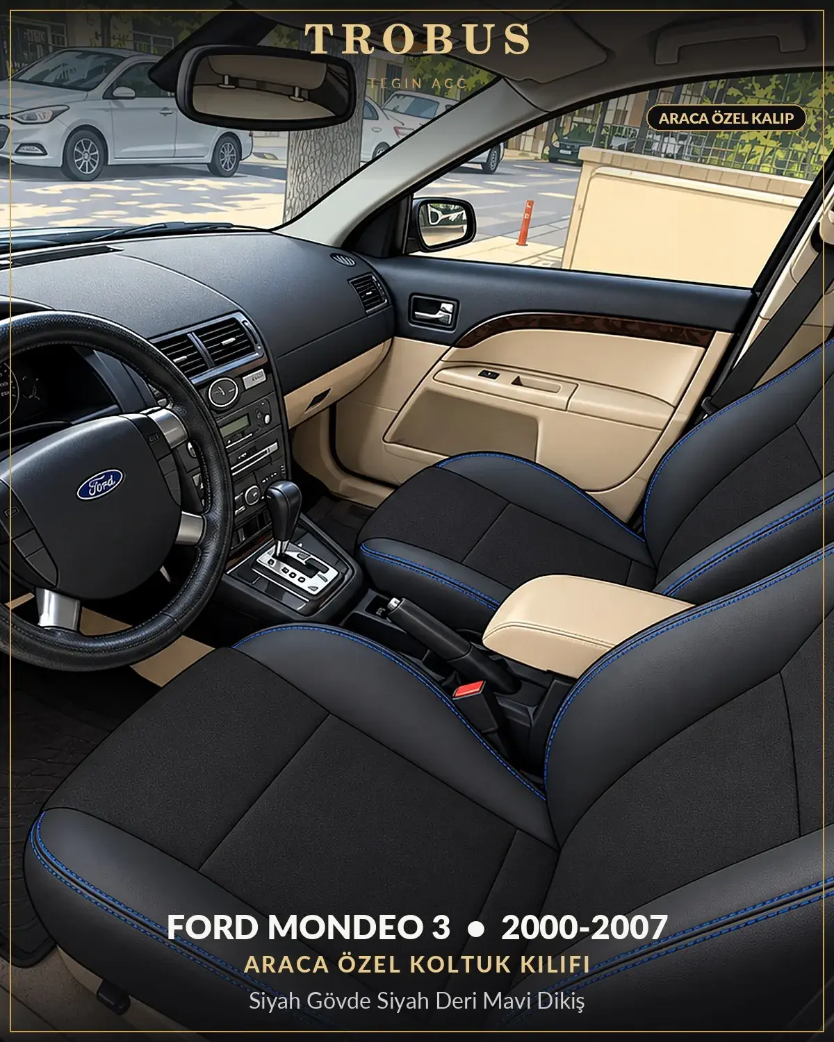 Ford Mondeo 3 2000-2007 Araca Özel Koltuk Kılıfı Siyah Gövde Siyah Deri Mavi Dikiş (1)