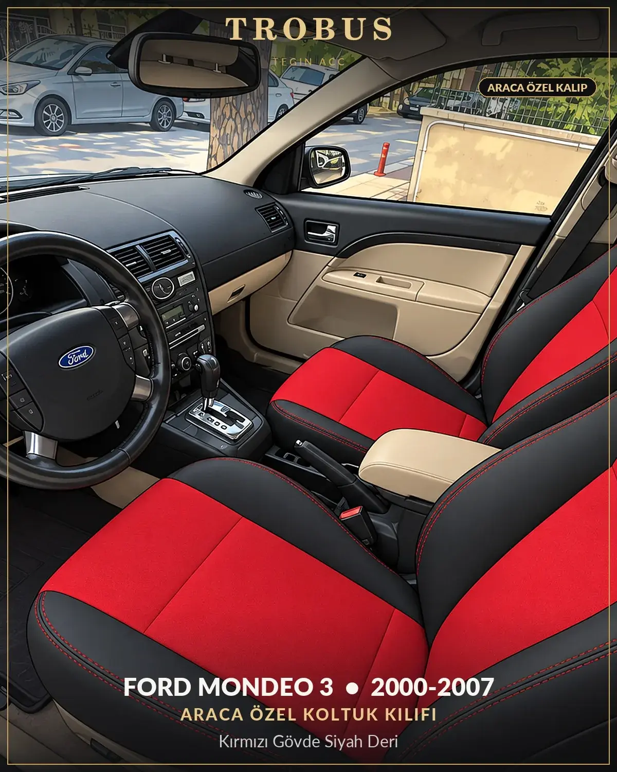 Ford Mondeo 3 2000-2007 Araca Özel Koltuk Kılıfı Kırmızı Gövde Siyah Deri (1)