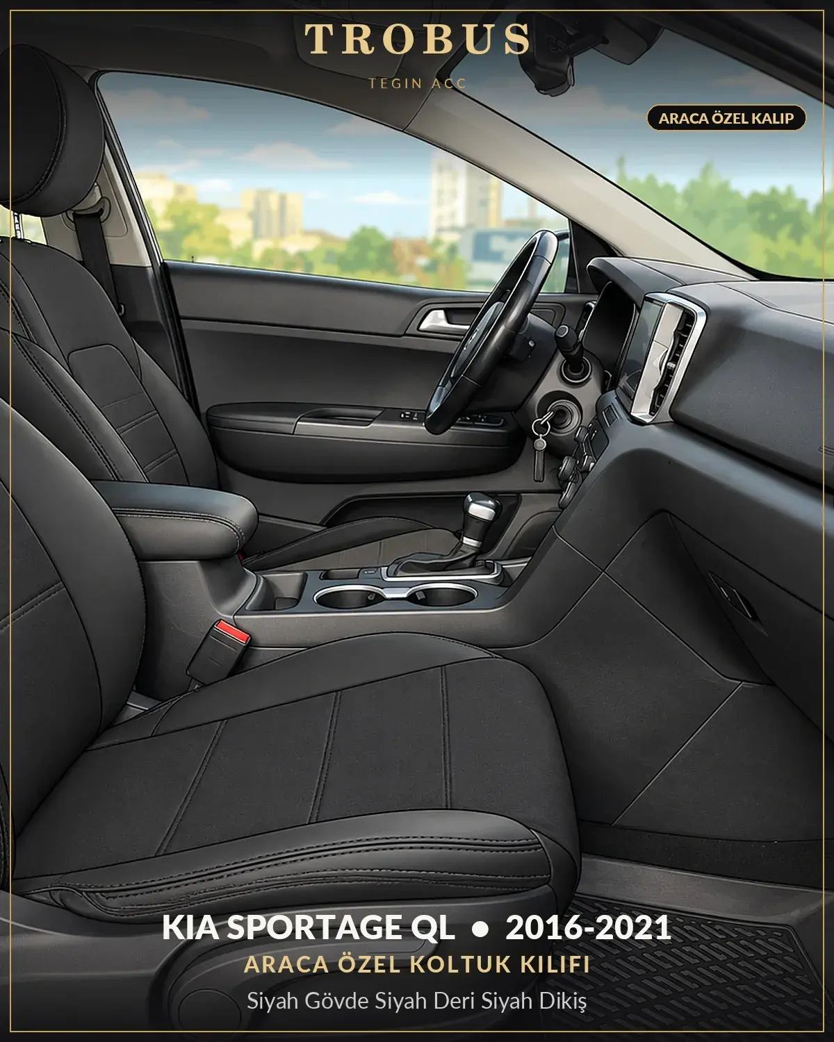 Kia Sportage QL 2016-2021 Araca Özel Koltuk Kılıfı Siyah Gövde Siyah Deri Siyah Dikiş (1)