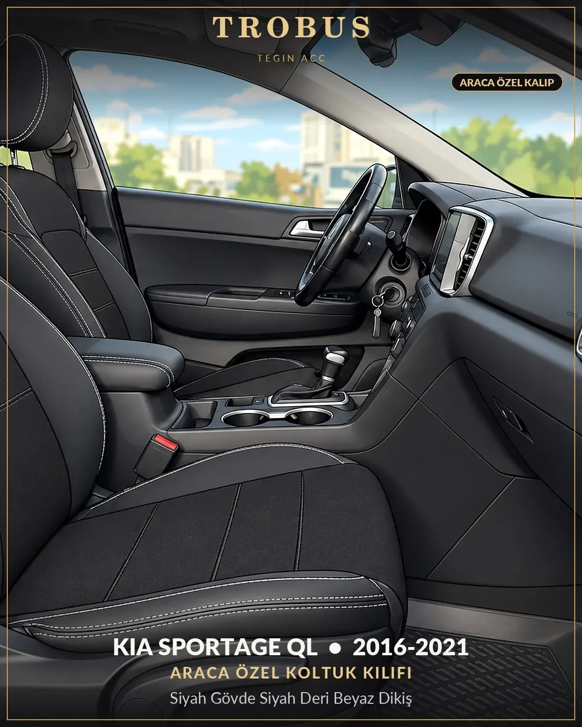 Kia Sportage QL 2016-2021 Araca Özel Koltuk Kılıfı Siyah Gövde Siyah Deri Beyaz Dikiş (1)