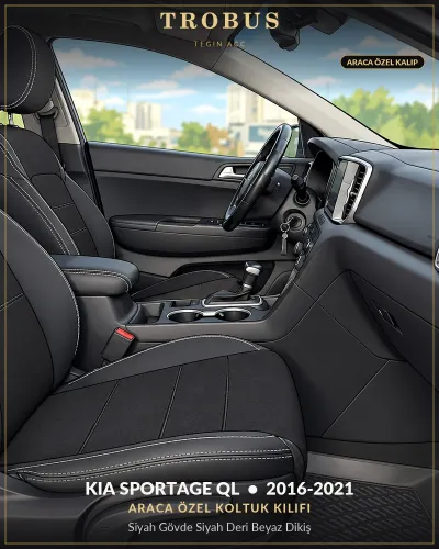Kia Sportage QL 2016-2021 Araca Özel Koltuk Kılıfı Siyah Gövde Siyah Deri Beyaz Dikiş