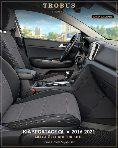 Kia Sportage QL 2016-2021 Araca Özel Koltuk Kılıfı Füme Gövde Siyah Deri
