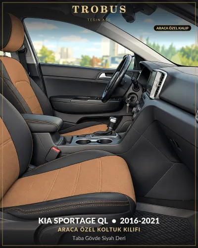 Kia Sportage QL 2016-2021 Araca Özel Koltuk Kılıfı Taba Gövde Siyah Deri