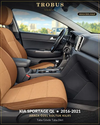 Kia Sportage QL 2016-2021 Araca Özel Koltuk Kılıfı Taba Gövde Taba Deri