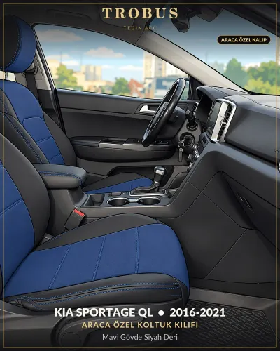 Kia Sportage QL 2016-2021 Araca Özel Koltuk Kılıfı Mavi Gövde Siyah Deri