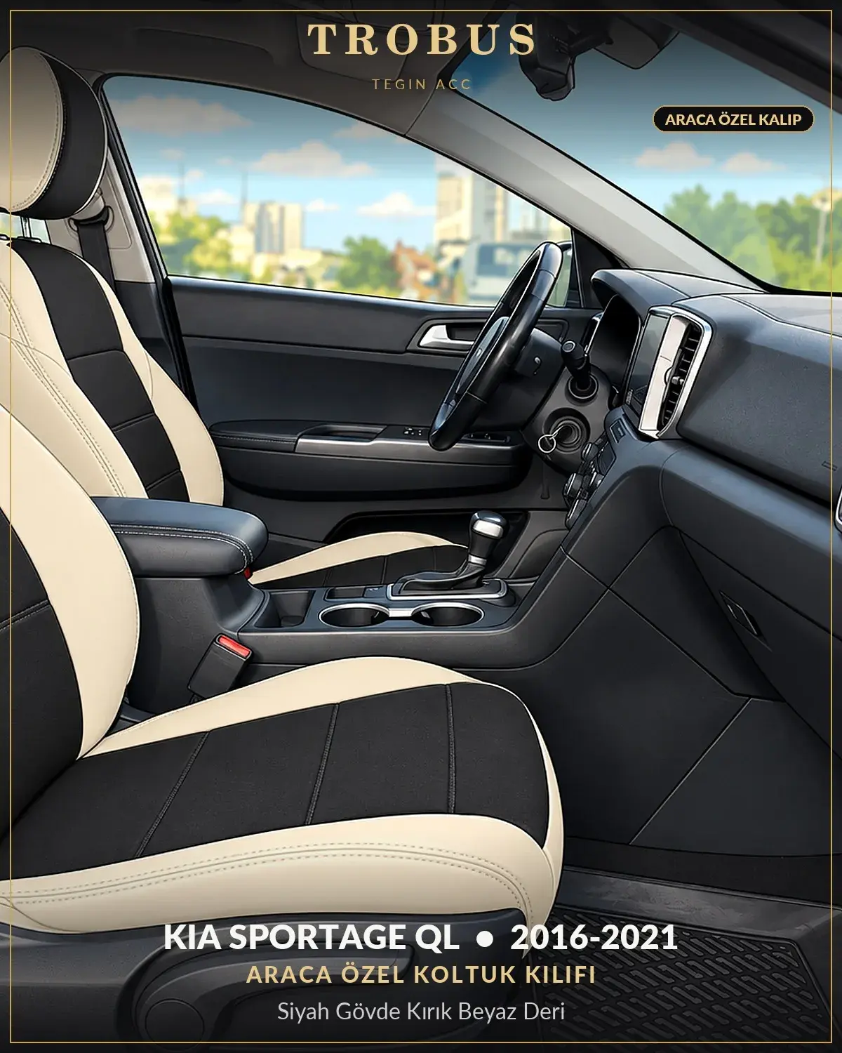 Kia Sportage QL 2016-2021 Araca Özel Koltuk Kılıfı Siyah Gövde Kırık Beyaz Deri (1)
