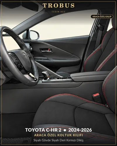 Toyota C-HR 2 2024-2026 Araca Özel Koltuk Kılıfı Siyah Gövde Siyah Deri Kırmızı Dikiş