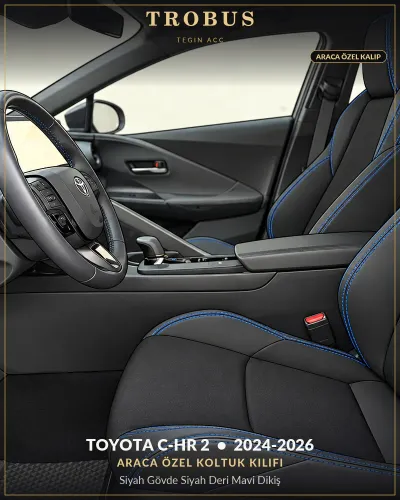 Toyota C-HR 2 2024-2026 Araca Özel Koltuk Kılıfı Siyah Gövde Siyah Deri Mavi Dikiş
