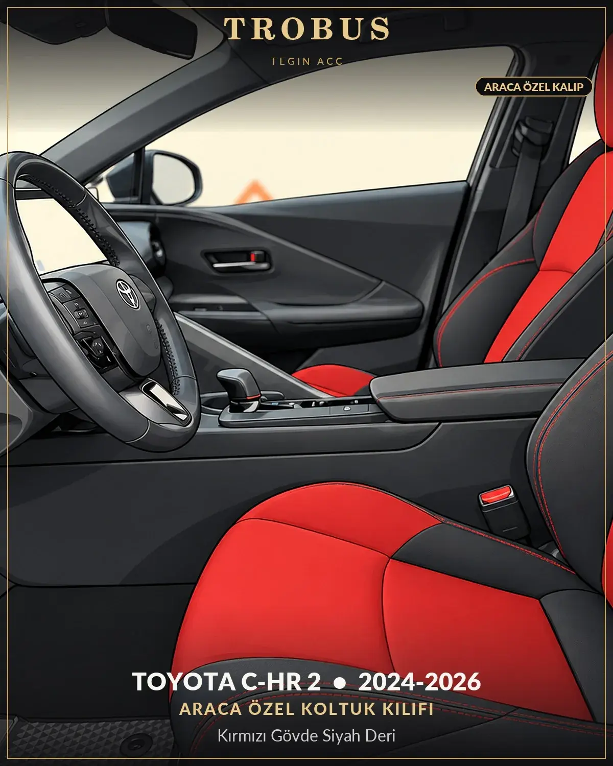 Toyota C-HR 2 2024-2026 Araca Özel Koltuk Kılıfı Kırmızı Gövde Siyah Deri (1)