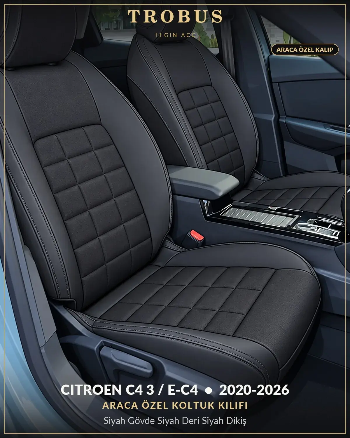 Citroen C4 3 / e-C4 2020-2026 Araca Özel Koltuk Kılıfı Siyah Gövde Siyah Deri Siyah Dikiş (1)