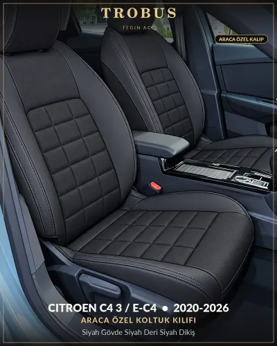 Citroen C4 3 / e-C4 2020-2026 Araca Özel Koltuk Kılıfı Siyah Gövde Siyah Deri Siyah Dikiş