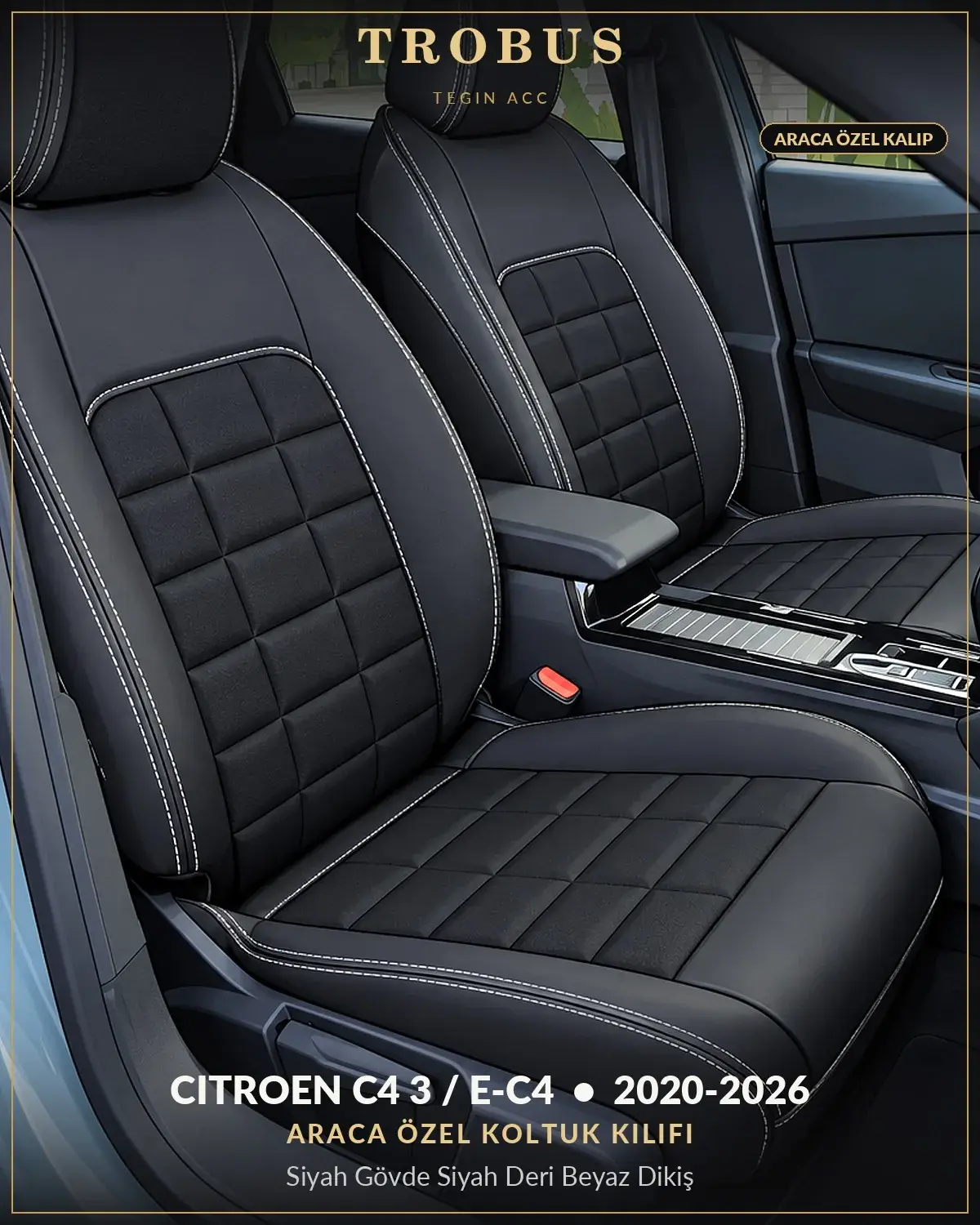 Citroen C4 3 / e-C4 2020-2026 Araca Özel Koltuk Kılıfı Siyah Gövde Siyah Deri Beyaz Dikiş (1)