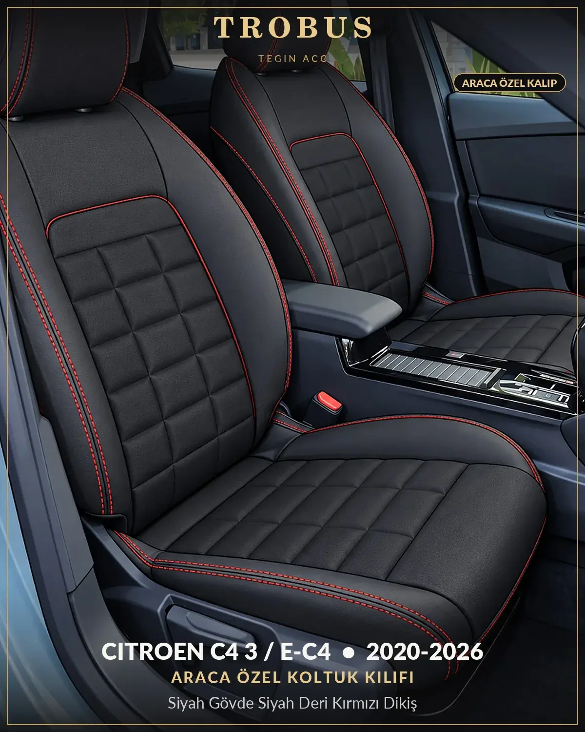 Citroen C4 3 / e-C4 2020-2026 Araca Özel Koltuk Kılıfı Siyah Gövde Siyah Deri Kırmızı Dikiş (1)