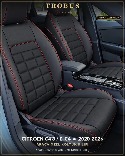 Citroen C4 3 / e-C4 2020-2026 Araca Özel Koltuk Kılıfı Siyah Gövde Siyah Deri Kırmızı Dikiş