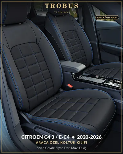 Citroen C4 3 / e-C4 2020-2026 Araca Özel Koltuk Kılıfı Siyah Gövde Siyah Deri Mavi Dikiş
