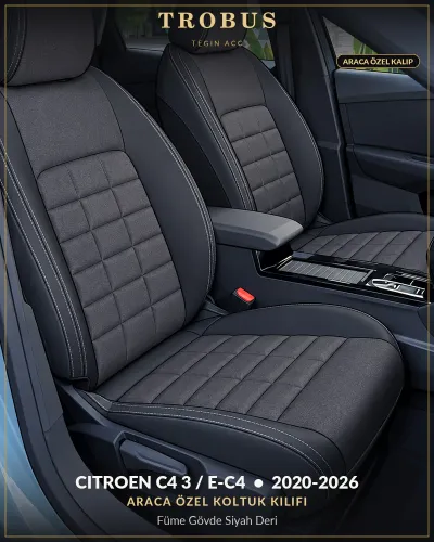 Citroen C4 3 / e-C4 2020-2026 Araca Özel Koltuk Kılıfı Füme Gövde Siyah Deri