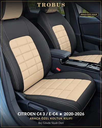 Citroen C4 3 / e-C4 2020-2026 Araca Özel Koltuk Kılıfı Bej Gövde Siyah Deri