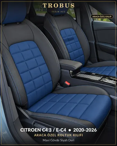 Citroen C4 3 / e-C4 2020-2026 Araca Özel Koltuk Kılıfı Mavi Gövde Siyah Deri
