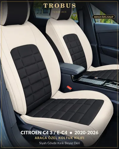 Citroen C4 3 / e-C4 2020-2026 Araca Özel Koltuk Kılıfı Siyah Gövde Kırık Beyaz Deri