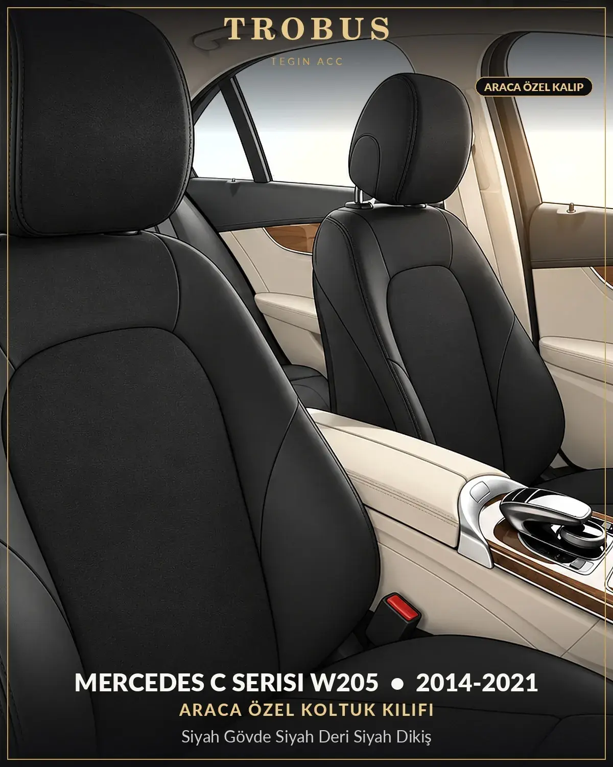Mercedes C Serisi W205 2014-2021 Araca Özel Koltuk Kılıfı Siyah Gövde Siyah Deri Siyah Dikiş (1)