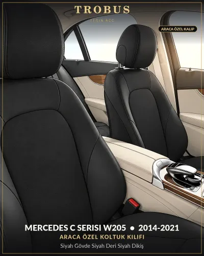 Mercedes C Serisi W205 2014-2021 Araca Özel Koltuk Kılıfı Siyah Gövde Siyah Deri Siyah Dikiş