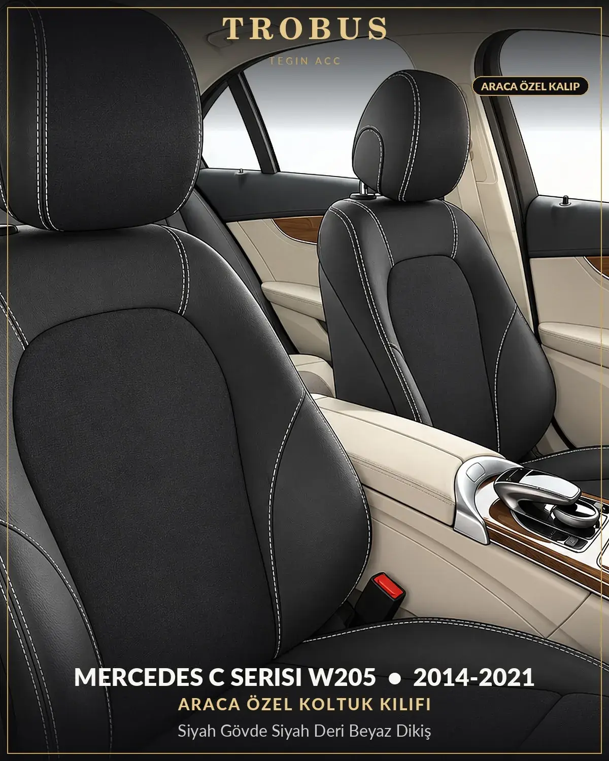 Mercedes C Serisi W205 2014-2021 Araca Özel Koltuk Kılıfı Siyah Gövde Siyah Deri Beyaz Dikiş (1)