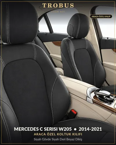 Mercedes C Serisi W205 2014-2021 Araca Özel Koltuk Kılıfı Siyah Gövde Siyah Deri Beyaz Dikiş