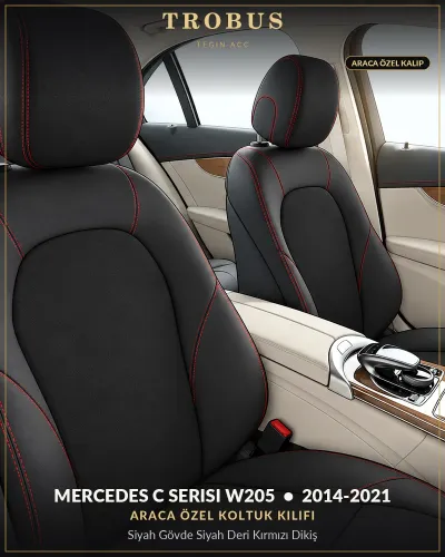 Mercedes C Serisi W205 2014-2021 Araca Özel Koltuk Kılıfı Siyah Gövde Siyah Deri Kırmızı Dikiş