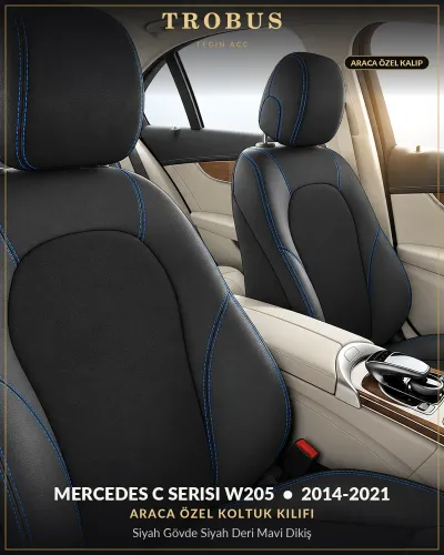 Mercedes C Serisi W205 2014-2021 Araca Özel Koltuk Kılıfı Siyah Gövde Siyah Deri Mavi Dikiş