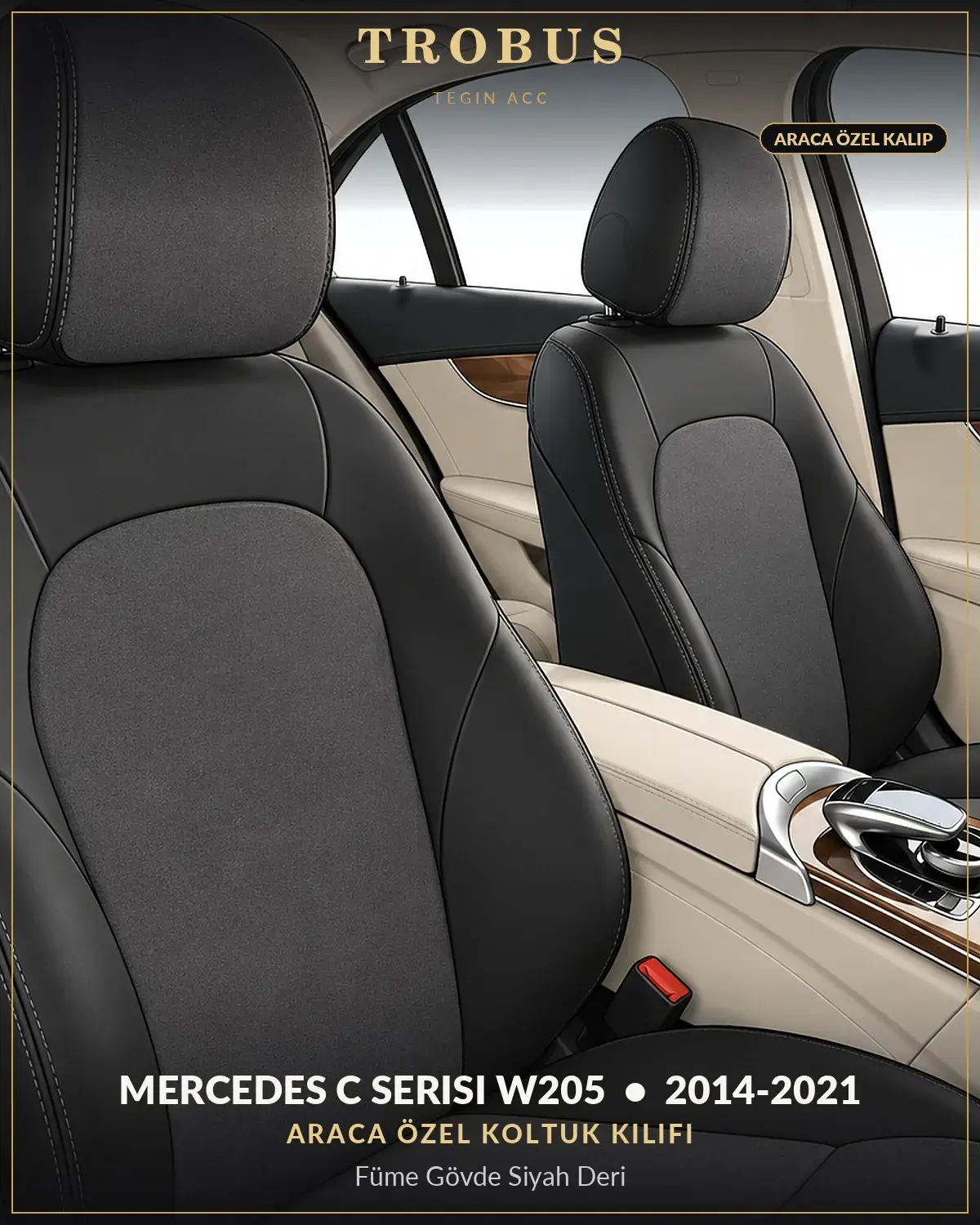 Mercedes C Serisi W205 2014-2021 Araca Özel Koltuk Kılıfı Füme Gövde Siyah Deri (1)