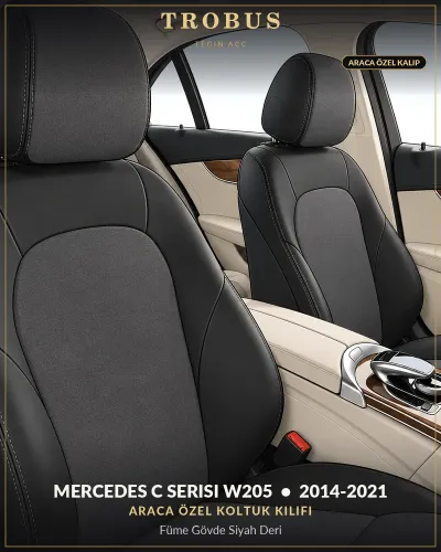 Mercedes C Serisi W205 2014-2021 Araca Özel Koltuk Kılıfı Füme Gövde Siyah Deri
