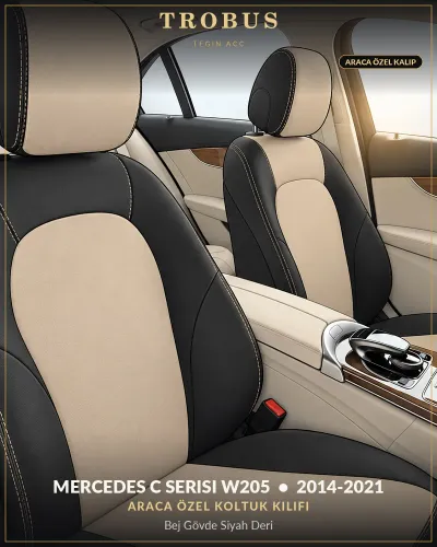 Mercedes C Serisi W205 2014-2021 Araca Özel Koltuk Kılıfı Bej Gövde Siyah Deri