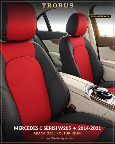Mercedes C Serisi W205 2014-2021 Araca Özel Koltuk Kılıfı Kırmızı Gövde Siyah Deri