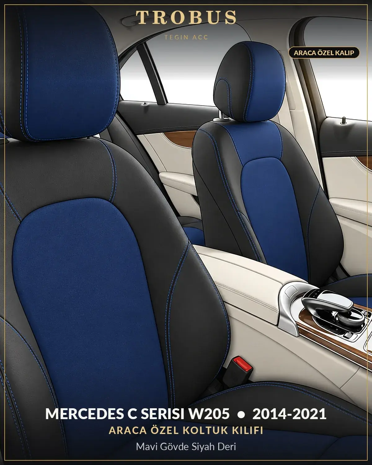 Mercedes C Serisi W205 2014-2021 Araca Özel Koltuk Kılıfı Mavi Gövde Siyah Deri (1)