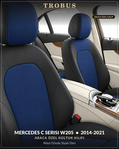 Mercedes C Serisi W205 2014-2021 Araca Özel Koltuk Kılıfı Mavi Gövde Siyah Deri