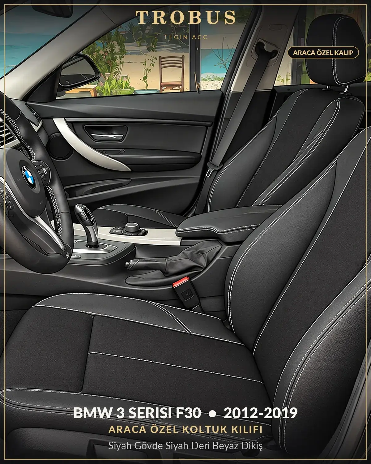 BMW 3 Serisi F30 2012-2019 Araca Özel Koltuk Kılıfı Siyah Gövde Siyah Deri Beyaz Dikiş (1)