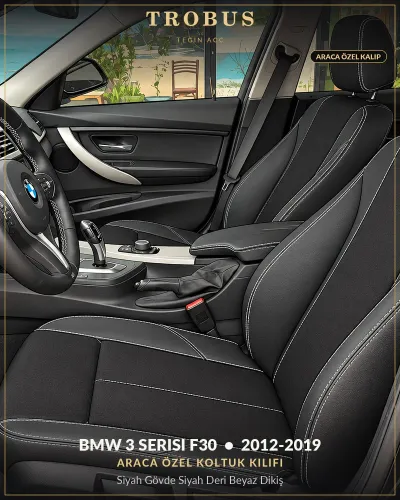 BMW 3 Serisi F30 2012-2019 Araca Özel Koltuk Kılıfı Siyah Gövde Siyah Deri Beyaz Dikiş