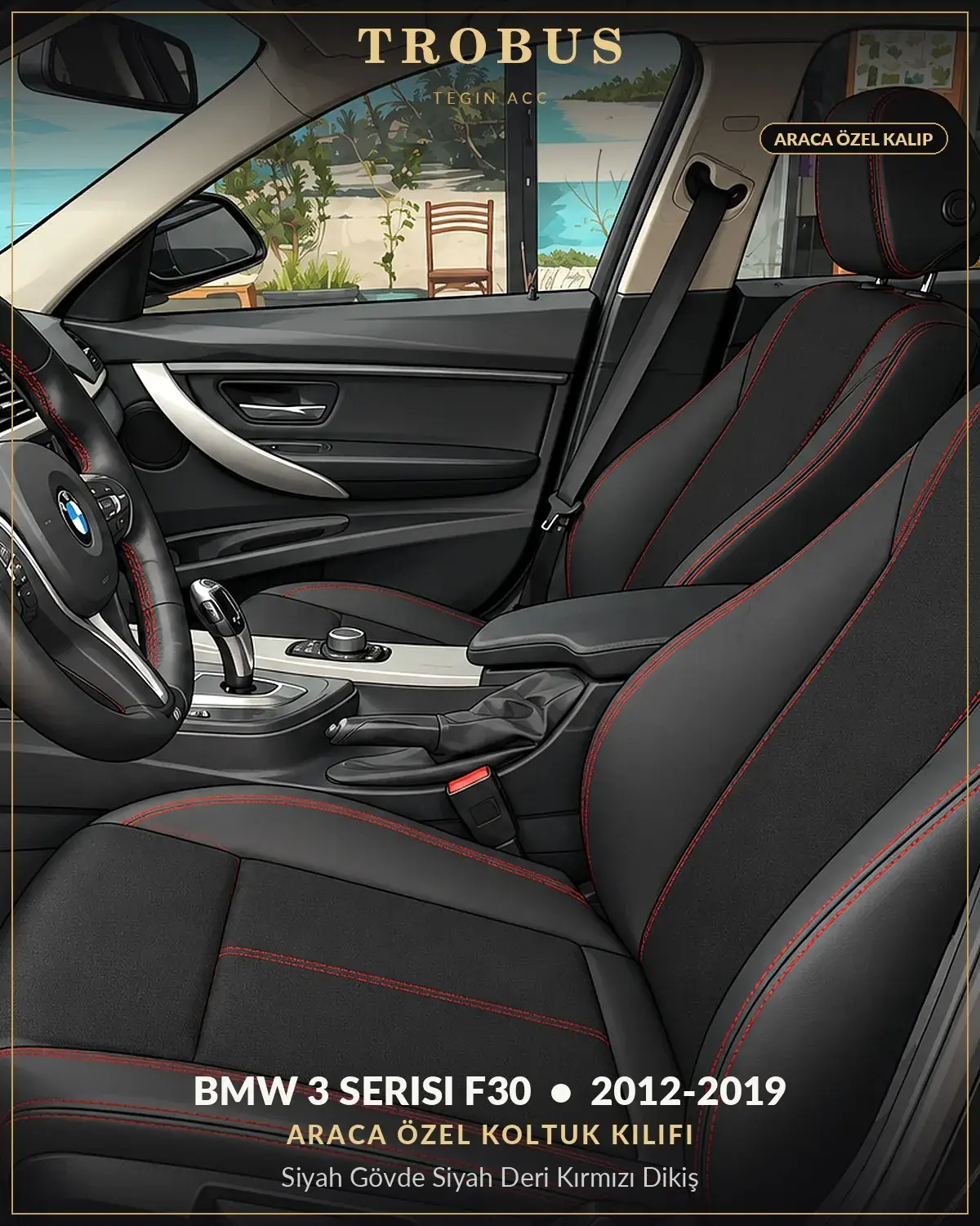 BMW 3 Serisi F30 2012-2019 Araca Özel Koltuk Kılıfı Siyah Gövde Siyah Deri Kırmızı Dikiş (1)
