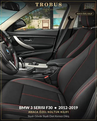 BMW 3 Serisi F30 2012-2019 Araca Özel Koltuk Kılıfı Siyah Gövde Siyah Deri Kırmızı Dikiş