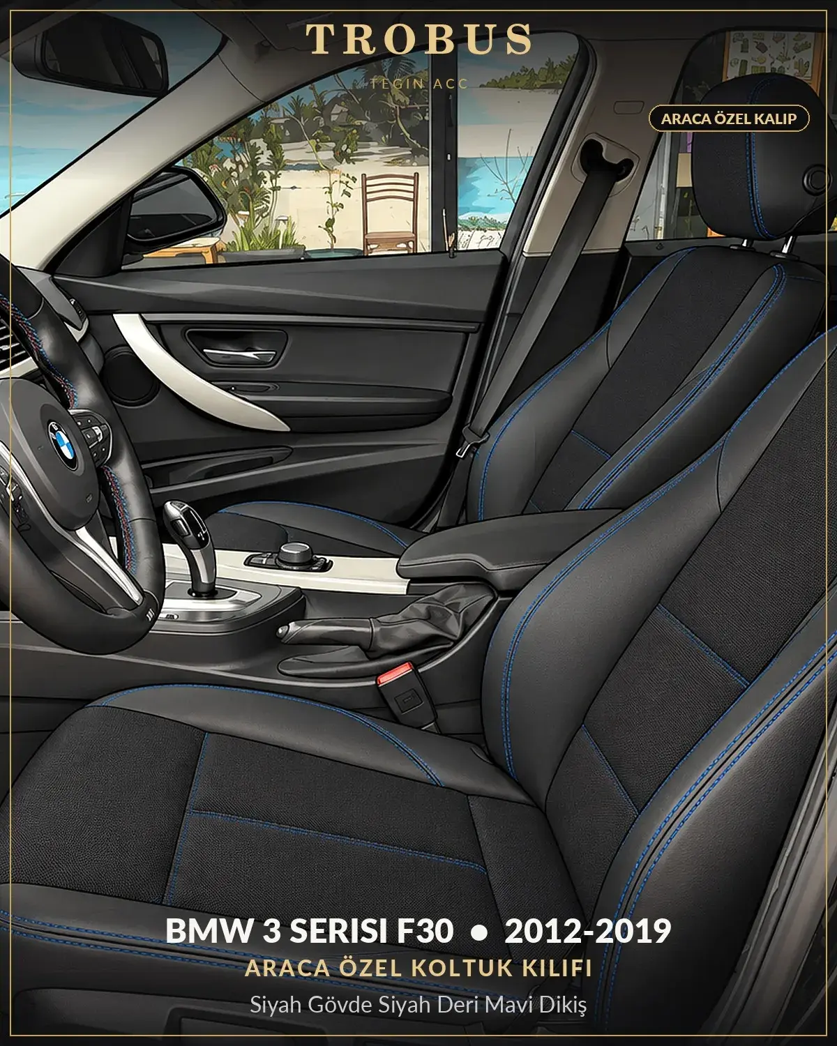 BMW 3 Serisi F30 2012-2019 Araca Özel Koltuk Kılıfı Siyah Gövde Siyah Deri Mavi Dikiş (1)