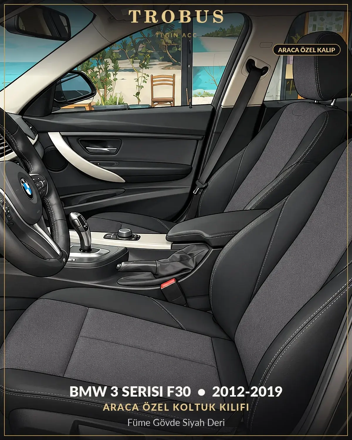 BMW 3 Serisi F30 2012-2019 Araca Özel Koltuk Kılıfı Füme Gövde Siyah Deri (1)